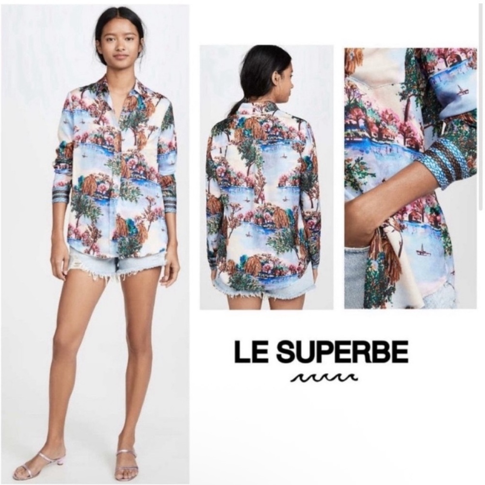 Le Superbe Mr.‎ Duquette Printed Shirt Size S Blue Green Silk Button Down EUC